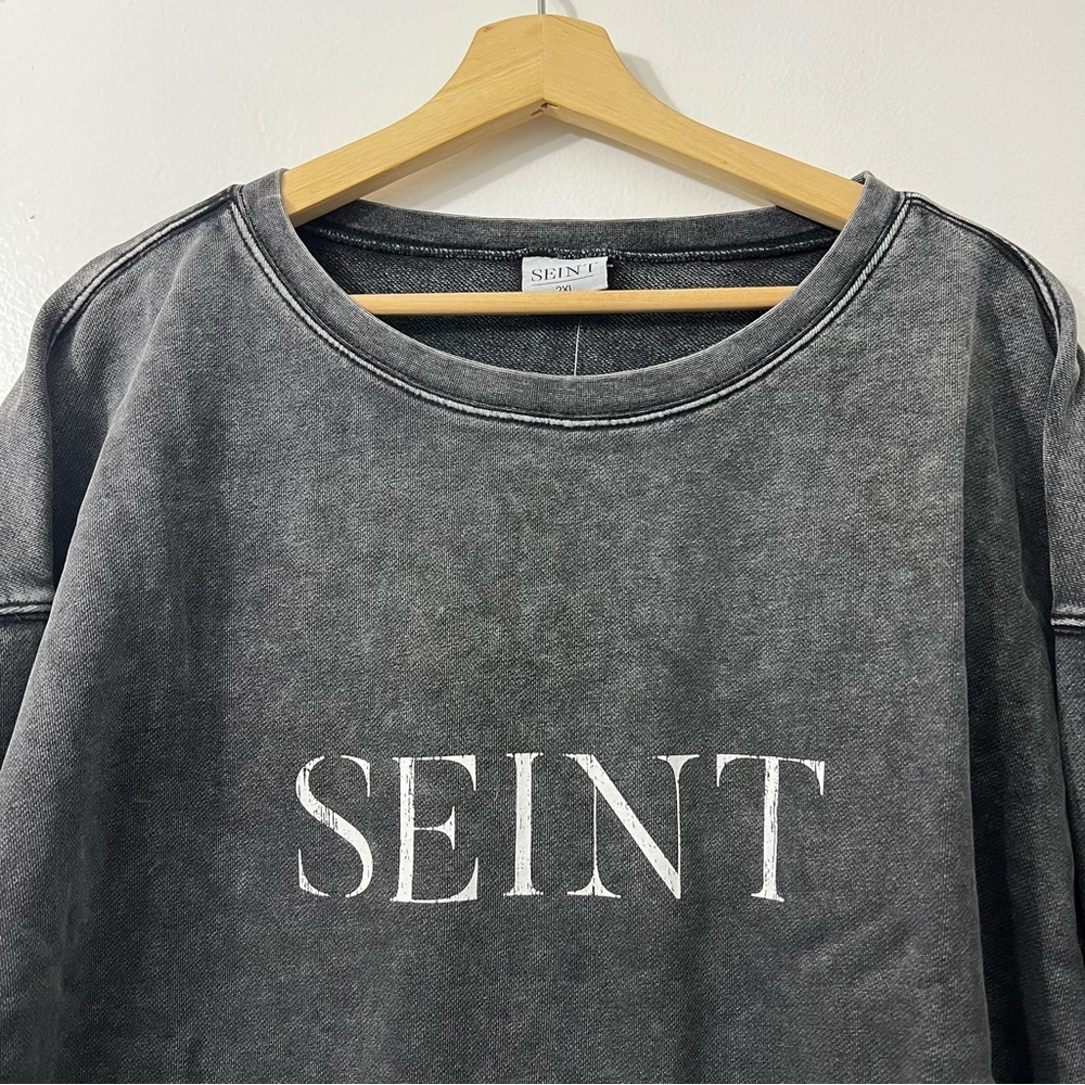 Seint Acid Wash Gray Fleece Crewneck Sweatshirt Pullover M Grunge Punk Casual - Picture 4 of 10